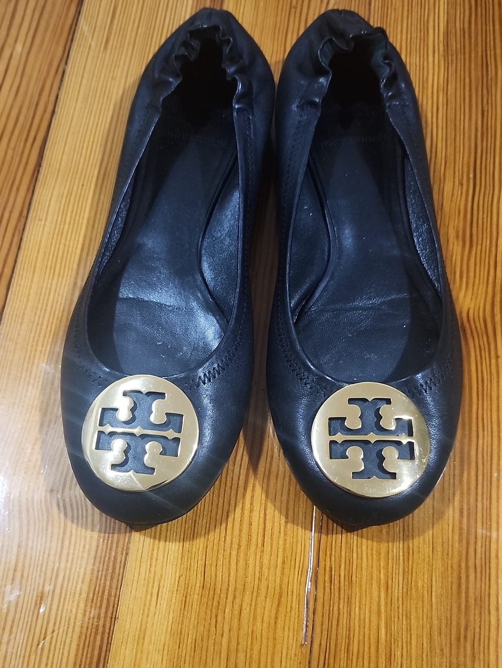 Tory Burch-Inspired Black Leather Ballet Flats with Gold Logo Medallion